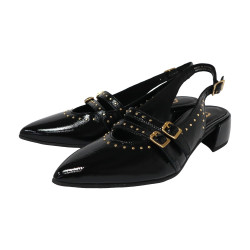 TINO BELLINI 貝里尼 歐洲進口 MJUS 復古搖滾風個性尖頭漆皮粗跟後繫帶低跟鞋FS1M005-1(黑色)