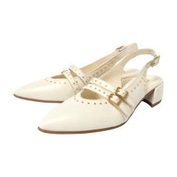 TINO BELLINI 貝里尼 歐洲進口 MJUS 復古搖滾風個性尖頭漆皮粗跟後繫帶低跟鞋FS1M005-3(米色)