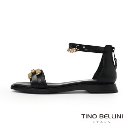 TINO BELLINI 貝里尼 歐洲進口 MJUS 金色扣飾踝鍊黑平底涼拖鞋FS7M002A-1(黑色)