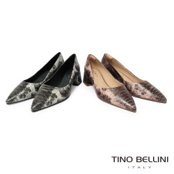 TINO BELLINI 貝里尼 巴西進口 深色 蛇皮紋 方頭 低跟 包鞋 FWCT038-E(灰色)
