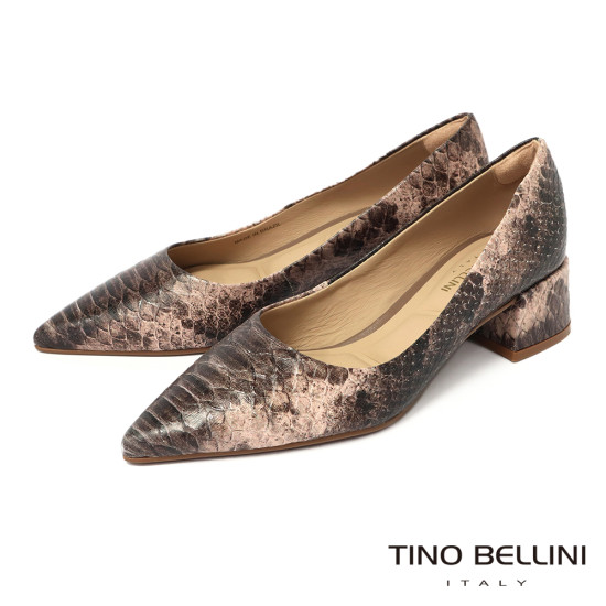 TINO BELLINI 貝里尼 巴西進口 深色 蛇皮紋 方頭 低跟 包鞋 FWCT038-9(灰色)