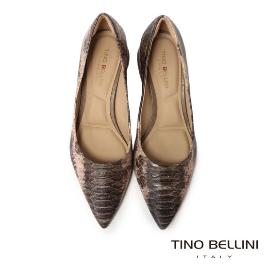 TINO BELLINI 貝里尼 巴西進口 深色 蛇皮紋 方頭 低跟 包鞋 FWCT038-9(灰色)