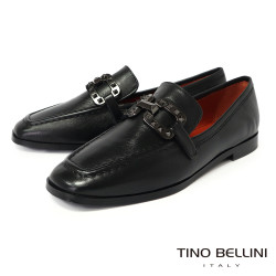 TINO BELLINI 貝里尼 歐洲進口 MJUS 歐風時尚方頭鉚釘真皮樂福鞋FYLM006-1(黑色)