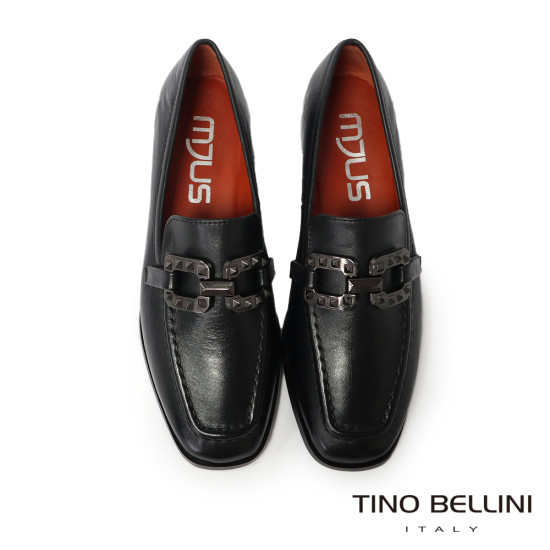 TINO BELLINI 貝里尼 歐洲進口 MJUS 歐風時尚方頭鉚釘真皮樂福鞋FYLM006-1(黑色)
