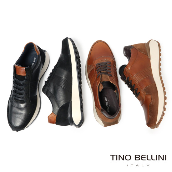 【TINO BELLINI 貝里尼】潮流個性輕量防滑真皮男鞋休閒鞋HM4T030-1(黑色)