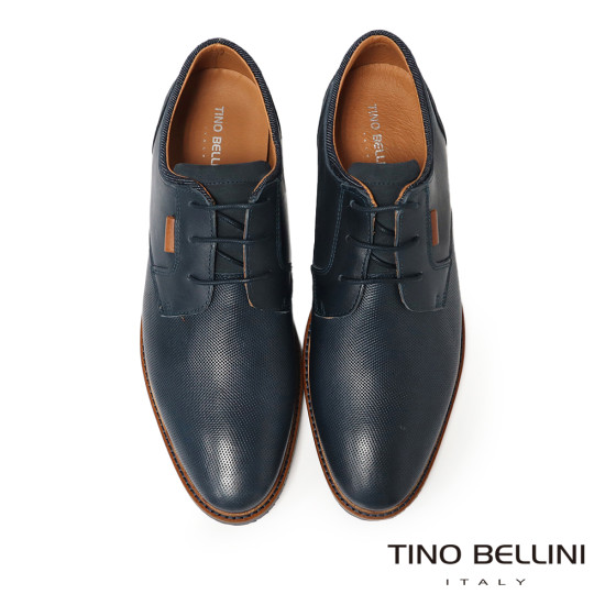 【TINO BELLINI 貝里尼】細緻壓紋真皮綁帶休閒男鞋德比鞋HM4T031-4(深藍)