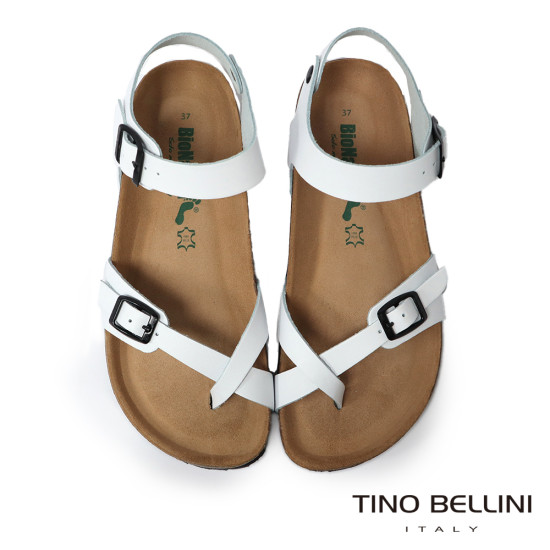 TINO BELLINI 貝里尼 歐洲進口 BIONATURA 腳床舒適鞋 真皮 軟木軟底 夾腳 涼拖鞋 FSJB002-0(白色)