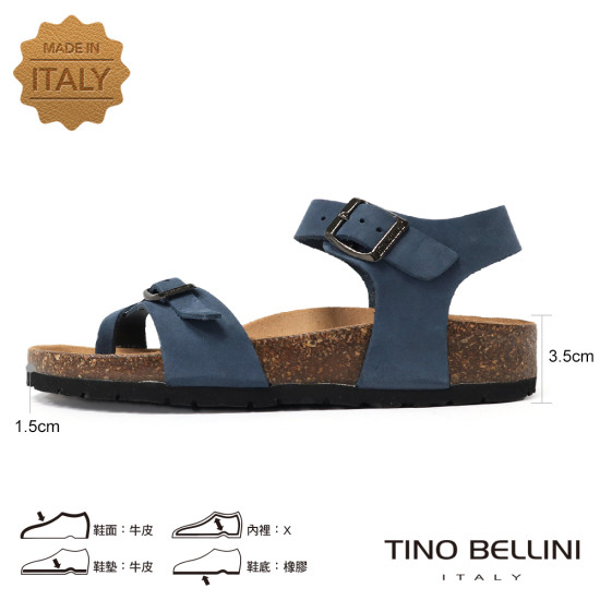 TINO BELLINI 貝里尼 歐洲進口 BIONATURA 腳床舒適鞋 真皮 軟木軟底 夾腳 涼拖鞋 FSJB002-4(藍色)