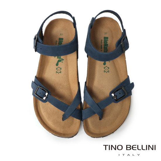 TINO BELLINI 貝里尼 歐洲進口 BIONATURA 腳床舒適鞋 真皮 軟木軟底 夾腳 涼拖鞋 FSJB002-4(藍色)