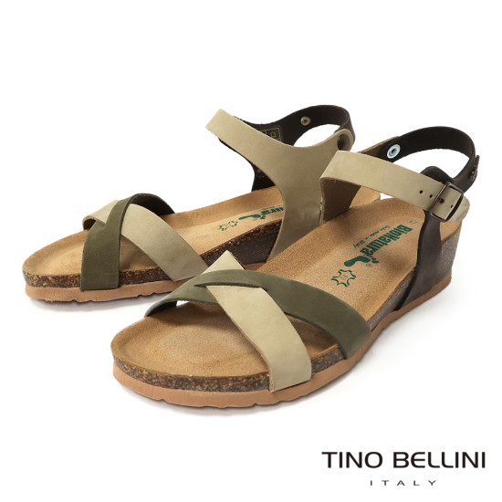 TINO BELLINI 貝里尼 歐洲進口 BIONATURA 腳床舒適鞋 真皮 交叉造型 軟木軟底 涼拖鞋 FSNB002-5(綠色)