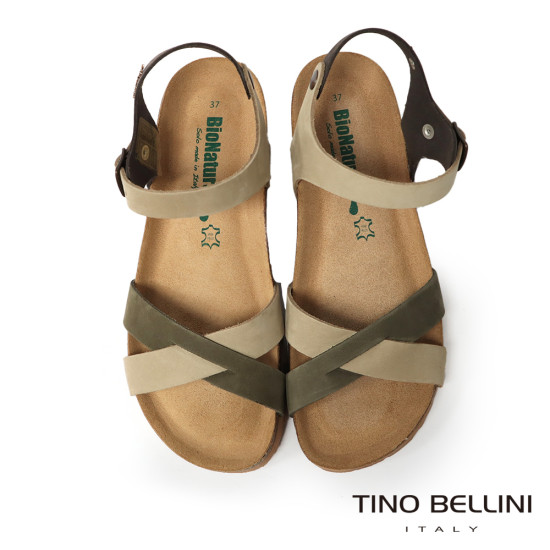 TINO BELLINI 貝里尼 歐洲進口 BIONATURA 腳床舒適鞋 真皮 交叉造型 軟木軟底 涼拖鞋 FSNB002-5(綠色)