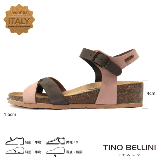 TINO BELLINI 貝里尼 歐洲進口 BIONATURA 腳床舒適鞋 真皮 交叉造型 軟木軟底 涼拖鞋 FSNB002-7(粉色)
