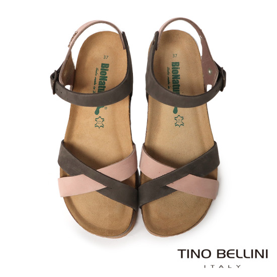 TINO BELLINI 貝里尼 歐洲進口 BIONATURA 腳床舒適鞋 真皮 交叉造型 軟木軟底 涼拖鞋 FSNB002-7(粉色)