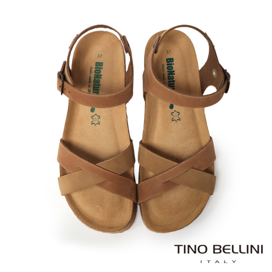 TINO BELLINI 貝里尼 歐洲進口 BIONATURA 腳床舒適鞋 真皮 交叉造型 軟木軟底 涼拖鞋 FSNB002-9(駝色)