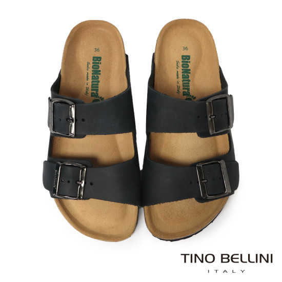 TINO BELLINI 貝里尼 歐洲進口 BIONATURA 腳床舒適鞋 真皮 雙飾扣造型 軟木軟底 拖鞋 FSQB001-U(黑瘋色)