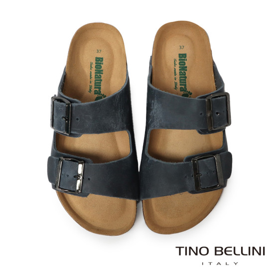 TINO BELLINI 貝里尼 歐洲進口 BIONATURA 腳床舒適鞋 真皮 雙飾扣造型 軟木軟底 拖鞋 FSQB001-V(藍瘋色)