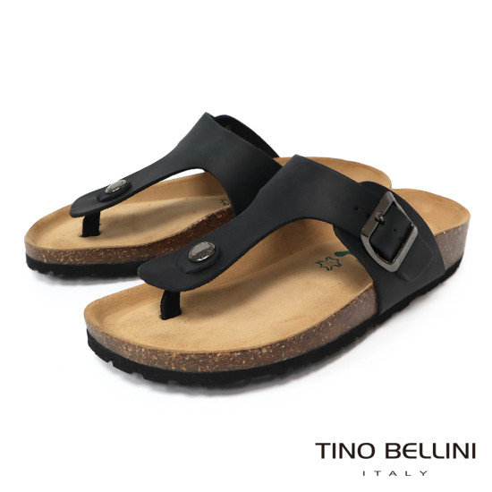 TINO BELLINI 貝里尼 歐洲進口 BIONATURA 腳床舒適鞋 真皮 飾扣造型 軟木軟底 夾腳拖鞋 FSQB003-U(黑瘋色)