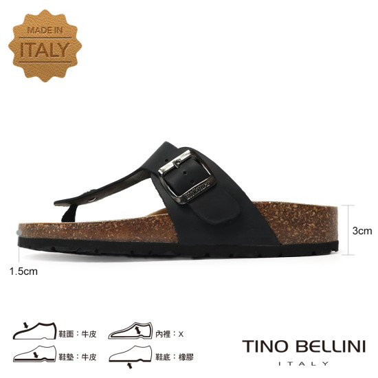 TINO BELLINI 貝里尼 歐洲進口 BIONATURA 腳床舒適鞋 真皮 飾扣造型 軟木軟底 夾腳拖鞋 FSQB003-U(黑瘋色)