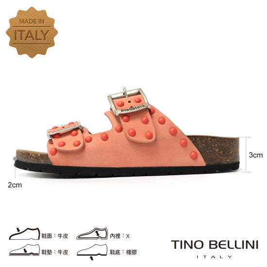 TINO BELLINI 貝里尼 歐洲進口 BIONATURA 腳床舒適鞋 真皮 鉚釘造型 軟木軟底 拖鞋 FSQB007-Q(橘色)