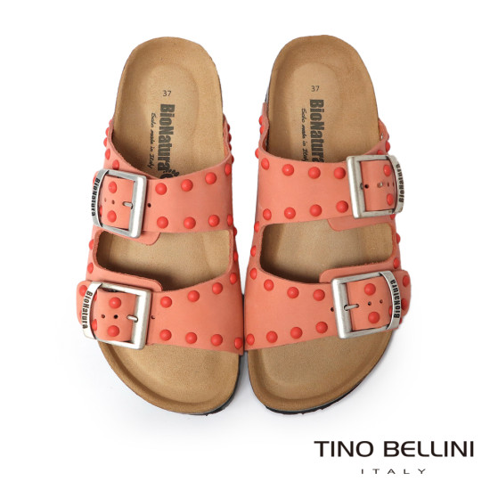 TINO BELLINI 貝里尼 歐洲進口 BIONATURA 腳床舒適鞋 真皮 鉚釘造型 軟木軟底 拖鞋 FSQB007-Q(橘色)