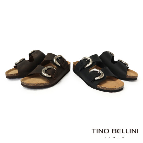 TINO BELLINI 貝里尼 歐洲進口 BIONATURA 腳床舒適鞋 真皮 雙飾扣造型 軟木軟底 拖鞋 FSQB008-1(黑色)