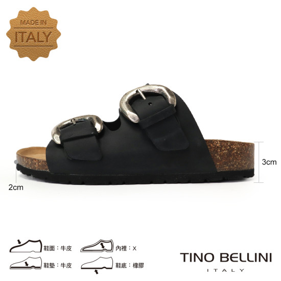 TINO BELLINI 貝里尼 歐洲進口 BIONATURA 腳床舒適鞋 真皮 雙飾扣造型 軟木軟底 拖鞋 FSQB008-1(黑色)