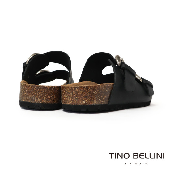 TINO BELLINI 貝里尼 歐洲進口 BIONATURA 腳床舒適鞋 真皮 雙飾扣造型 軟木軟底 拖鞋 FSQB008-1(黑色)