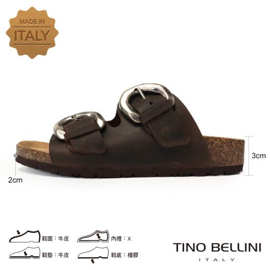TINO BELLINI 貝里尼 歐洲進口 BIONATURA 腳床舒適鞋 真皮 雙飾扣造型 軟木軟底 拖鞋 FSQB008-6(咖色)