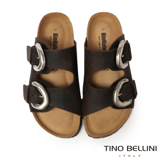 TINO BELLINI 貝里尼 歐洲進口 BIONATURA 腳床舒適鞋 真皮 雙飾扣造型 軟木軟底 拖鞋 FSQB008-6(咖色)