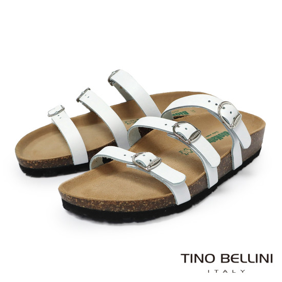 TINO BELLINI 貝里尼 歐洲進口 BIONATURA 腳床舒適鞋 真皮 3飾扣 細帶造型 軟木軟底 拖鞋 FSQB011-0(白色)