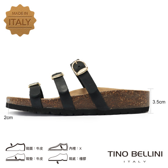 TINO BELLINI 貝里尼 歐洲進口 BIONATURA 腳床舒適鞋 真皮 3飾扣 細帶造型 軟木軟底 拖鞋 FSQB011-1(黑色)
