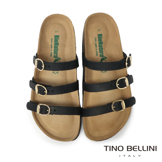 TINO BELLINI 貝里尼 歐洲進口 BIONATURA 腳床舒適鞋 真皮 3飾扣 細帶造型 軟木軟底 拖鞋 FSQB011-1(黑色)