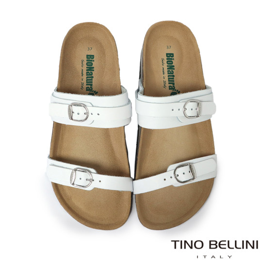 TINO BELLINI 貝里尼 歐洲進口 BIONATURA 腳床舒適鞋 真皮 雙飾扣 粗細帶造型 軟木軟底 拖鞋 FSQB012-0(白色)