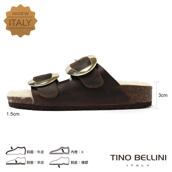 TINO BELLINI 貝里尼 歐洲進口 BIONATURA 腳床舒適鞋 保暖羊毛 雙飾扣造型 軟木軟底 拖鞋 FSQB013-6(咖色)