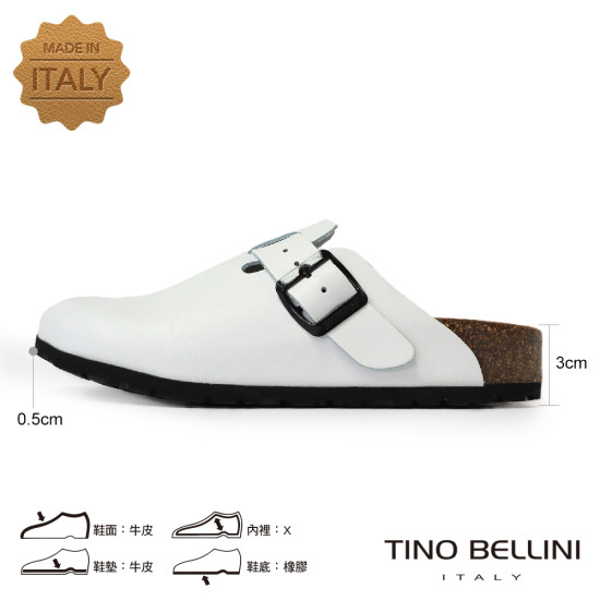 TINO BELLINI 貝里尼 歐洲進口 BIONATURA 腳床舒適鞋 真皮 經典造型 軟木軟底 拖鞋 FZ0B001-0(白色)