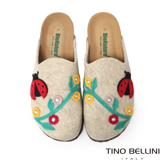 TINO BELLINI 貝里尼 歐洲進口 BIONATURA 腳床舒適鞋 羊毛氈 瓢蟲 軟木軟底 拖鞋 FZ4B003-3(米色)