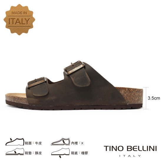 TINO BELLINI 貝里尼 義大利進口 BIONATURA 男款 雙飾扣造型 軟木軟底 勃肯 拖鞋 HM0B002A-6(咖色)