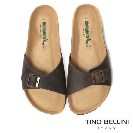 TINO BELLINI 貝里尼 歐洲進口 BIONATURA 腳床舒適鞋 男款 真皮 軟木軟底 拖鞋 HM0B003-6(咖色)