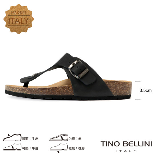 TINO BELLINI 貝里尼 歐洲進口 BIONATURA 腳床舒適鞋 男款 真皮 軟木軟底夾腳涼拖鞋 HM0B004-1(黑色)