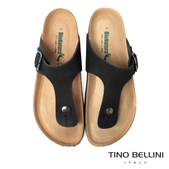 TINO BELLINI 貝里尼 歐洲進口 BIONATURA 腳床舒適鞋 男款 真皮 軟木軟底夾腳涼拖鞋 HM0B004-1(黑色)