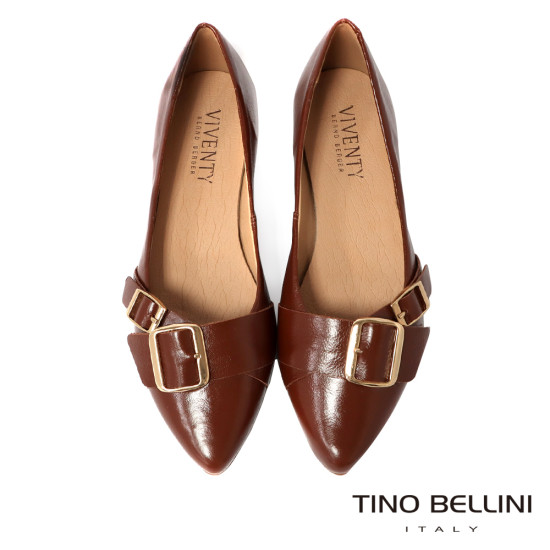 TINO BELLINI 貝里尼 巴西進口 經典復古金屬方扣尖頭平底鞋FWBV042-9(咖色)