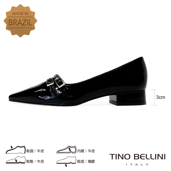 TINO BELLINI 貝里尼 巴西進口 經典魅力黑色漆皮尖頭低跟鞋FWCV044-1(黑色)