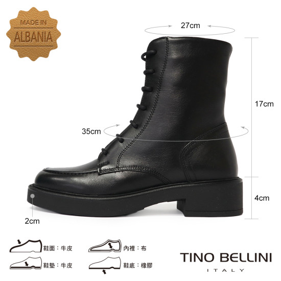 TINO BELLINI 貝里尼 阿爾巴尼亞進口 經典百真皮厚底綁帶馬丁靴FWMT017-1(黑色)