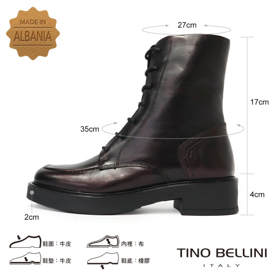 TINO BELLINI 貝里尼 阿爾巴尼亞進口 經典百真皮厚底綁帶馬丁靴FWMT017-A(酒紅色)