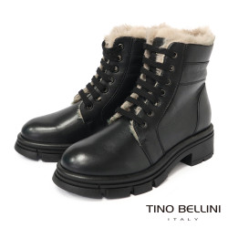 TINO BELLINI 貝里尼 真皮綁帶毛絨極保暖雪靴FWMV019-1(黑色)