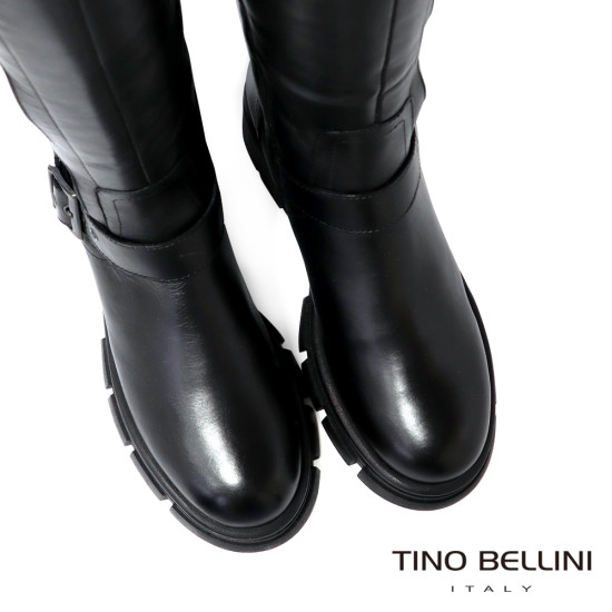 TINO BELLINI 貝里尼 阿爾巴尼亞進口 個性騎士真皮多扣環厚底中筒靴FWWV005-1(黑色)