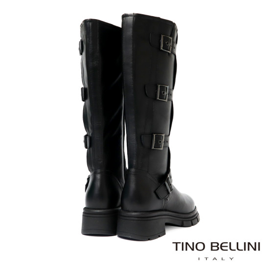 TINO BELLINI 貝里尼 阿爾巴尼亞進口 個性騎士真皮多扣環厚底中筒靴FWWV005-1(黑色)