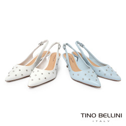 TINO BELLINI 貝里尼 巴西進口個性鉚釘尖頭後扣帶中高跟鞋FS1T011-4(藍色)