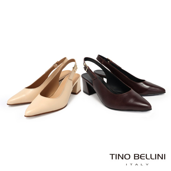 TINO BELLINI 貝里尼 巴西進口尖頭素面後繫帶粗跟鞋FS1V006-3(米色)