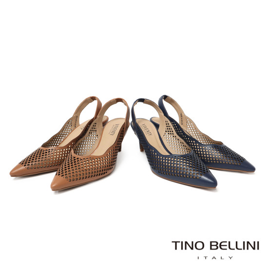 TINO BELLINI 貝里尼 巴西進口 鏤空雕花編織設計尖頭露跟鞋 FS2V003-4(藍色)